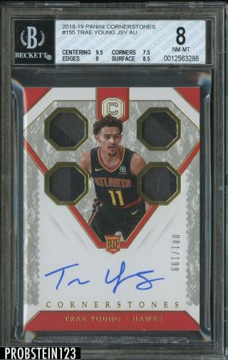 2018 - 19 Panini Cornerstones Trae Young Rc Rookie Quad Patch Auto /199 Bgs 8