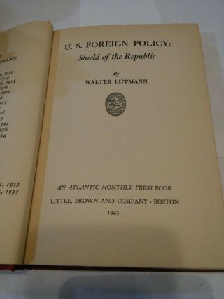 U.  S Foreign Policy Walter Lippmann 1943 Edition International Politics Rare Book