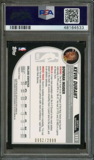 2007 - 08 Bowman 111 Kevin Durant RC Rookie w/ NBA LOGOMAN In Background PSA 7 2