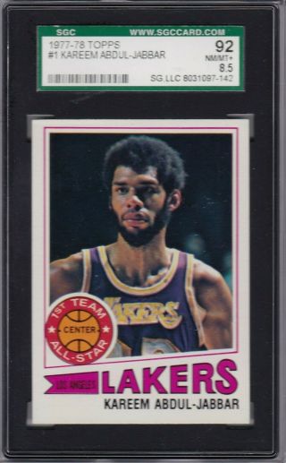 1977 Topps 1 Kareem Abdul Jabbar Sgc 92 Nm/mt,  8.  5 La Lakers All Star Centered