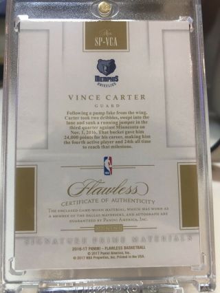 2016 - 17 Panini Flawless Vince Carter Patch Auto 5/10 Gold SP Patch 6