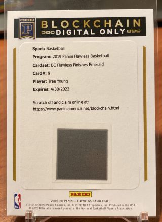 Trae Young 2019 - 20 Panini Blockchain Flawless Finishes Emerald Autograph Auto /3