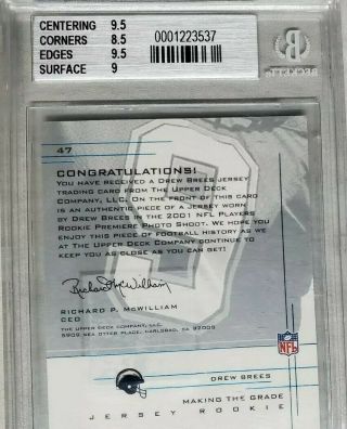 Drew Brees 2001 UD Graded RC JERSEY /500 Graded (BGS 9) - Rookie Card 2