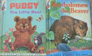 2 Vintage Rand Mcnally Elf Books Pudgy The Little Bear,  Bartholomew The Beaver