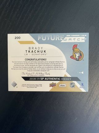 2018 - 19 Brady Tkachuk Sp Authentic Future Watch Rookie Auto Patch Patch 2