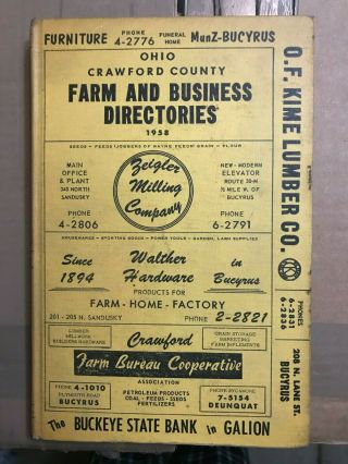 1958 Crawford County Ohio Farm & Business Directory & Map Galion Bucyrus