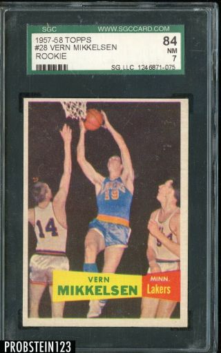 1957 - 58 Topps Basketball 28 Vern Mikkelsen Lakers Rc Rookie Sgc 84 Nm 7