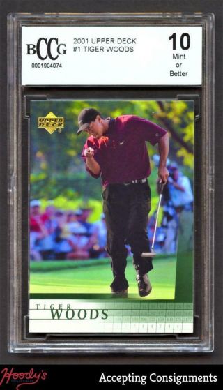2001 Upper Deck Golf 1 Tiger Woods Rc Rookie Bccg 10 Or Better