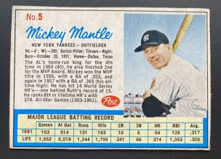 1962 Post Cereal 5 York Yankees Mickey Mantle