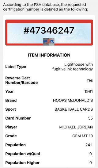 1991 Hoops McDonald ' s USA Michael Jordan 55 PSA 10 GEM 3