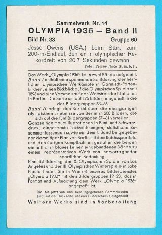 JESSE OWENS - Olympic Games 1936 Berlin.  Gold on 200 Meter - old German card 2