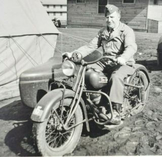 Vintage Indian Motorcycle With Sidecar B&w Photo Of Ww2 Wwii Soldier