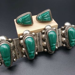 Vintage Mexico Sterling Silver Carved Green Onyx Aztec Mask Bracelet Earring Set