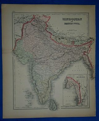Vintage 1889 Map British India - Hindostan Old Antique & Authentic S&h