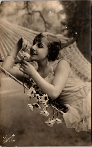 Vintage 1910 Rppc Risque Woman In Hammock With Flowers Real Photo Postcard