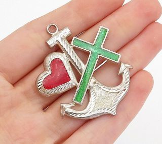 1 Of A Kind 925 Silver - Vintage Enamel Cross Heart Ship Anchor Pendant - P12086