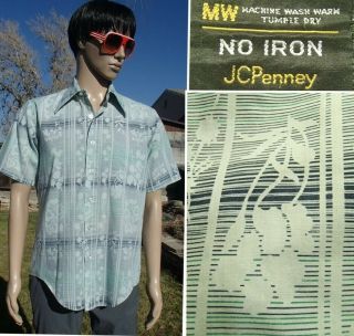 Vtg 70s Jc Penney Disco Shirt Short Sleeve Floral Butterfly Collar No Iron Men M
