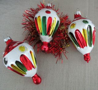 3 Vintage Hand Blown Glass Christmas Ornaments Tear Drop 4.  25 " Long