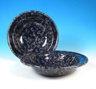 Bennington Potters Pair David Gil Vintage Sponged Blue Agate Rimmed Soup Bowls