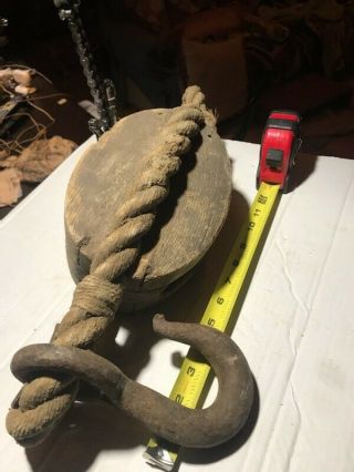 Vintage Rustic Antique Old Metal Cast Iron Barn Pulley Block & Tackle Wood Wheel