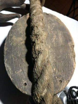 Vintage Rustic Antique Old Metal Cast Iron Barn Pulley Block & Tackle Wood Wheel 2