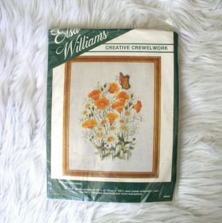 Vintage Elsa Williams Crewel Needlework Kit Poppy Daisy Butterfly Floral 00260
