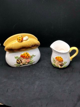 Vintage Rare Sears And Roebuck Merry Mushroom Ceramic Creamer And Napkin Holder