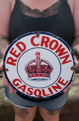 Red Crown Gasoline Porcelain Sign High Octane Vintage Gas Pump Plate