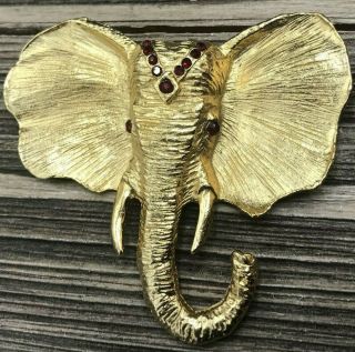 Vintage Jewelry Gold Tone Elephant Rhinestone Ruby Tusk Africa India Brooch Pin