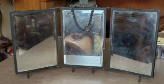 Vintage Standing Or Hanging Tri - Fold Beveled Glass Metal Framed Mirror Tin Back