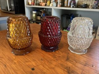 Set Of 3 Vintage Indiana Red Flash,  Amber & Clear Fairy Lamps Diamond Point 5”