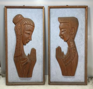 Vintage 50s Mid Century Modern Tiki Witco Carved Teak Man Woman Praying Wall Art
