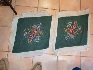 Pair (2) Vintage Needlepoint Seat /chair Covers (or For Pillows) - Green Floral