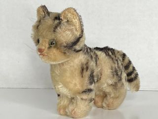 Vintage Steiff Tabby Cat 1960s,  Mohair,  Glass Eyes Standing No Collar Or Tag