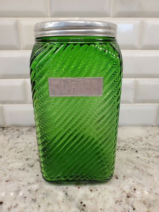 Vintage Green Ribbed Depression Glass Hoosier Coffee Jar Canister Owens Illinois
