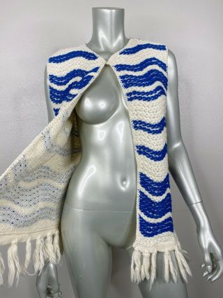 Vintage 60s Poncho 100 Wool Fringe Sweater Vest S Striped Blue White Boho Wpl