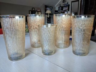 5 Vtg Jeannette Tree Bark Marigold Carnival Glass Tumblers Iridescent Ribbed