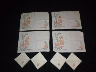 Vtg Set Of 4 Linen Embroidered Placemats And Napkins Groovy Mushroom Motif