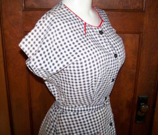 Vintage 50s Lucy Black White Red Gingham Check Print Cotton Day Dress Belt M L