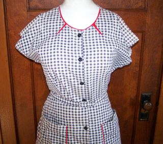 Vintage 50s Lucy black white red gingham check print cotton day dress belt M L 2