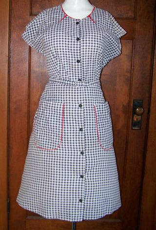 Vintage 50s Lucy black white red gingham check print cotton day dress belt M L 3