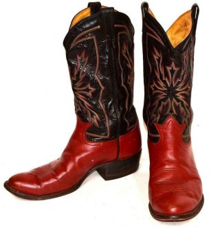 Vtg Tony Lama Russet Red & Black Leather Cowboy Western Black Label Boots 11 D