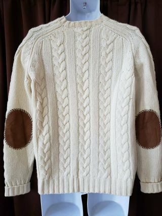 Mens Vtg Polo Ralph Lauren Wool Linen Cable Knit Sweater S Leather Elbow Patches