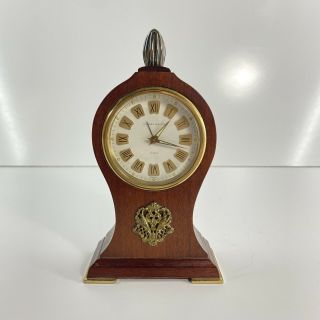 Vintage Phinney - Walker Wood Wind Up Mantle Alarm Clock Brass White Roman Germany