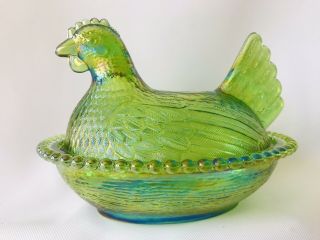 Vintage Indiana Iridescent Lime Green Glass Hen On Nest Dish W/ Lid - Beaded Base