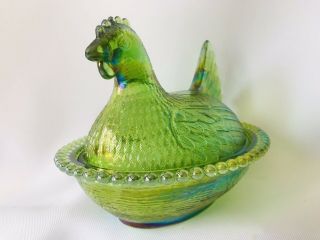 Vintage Indiana Iridescent Lime Green Glass Hen on Nest Dish w/ Lid - Beaded Base 2