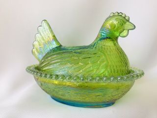 Vintage Indiana Iridescent Lime Green Glass Hen on Nest Dish w/ Lid - Beaded Base 3
