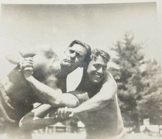 Vintage Photo Muscular Handsome Men Shirtless Gay Interest Flexing Together