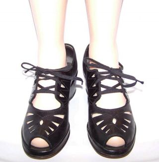 Vintage 40s Black Leather Wedge Heel Peeptoe Cutout Swing Shoes Wedges 5 5.  5
