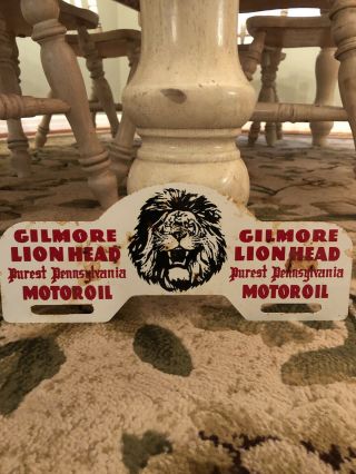 Vintage Gilmore Lion Head Motor Oil Metal License Plate Topper Gas Porcelain Can